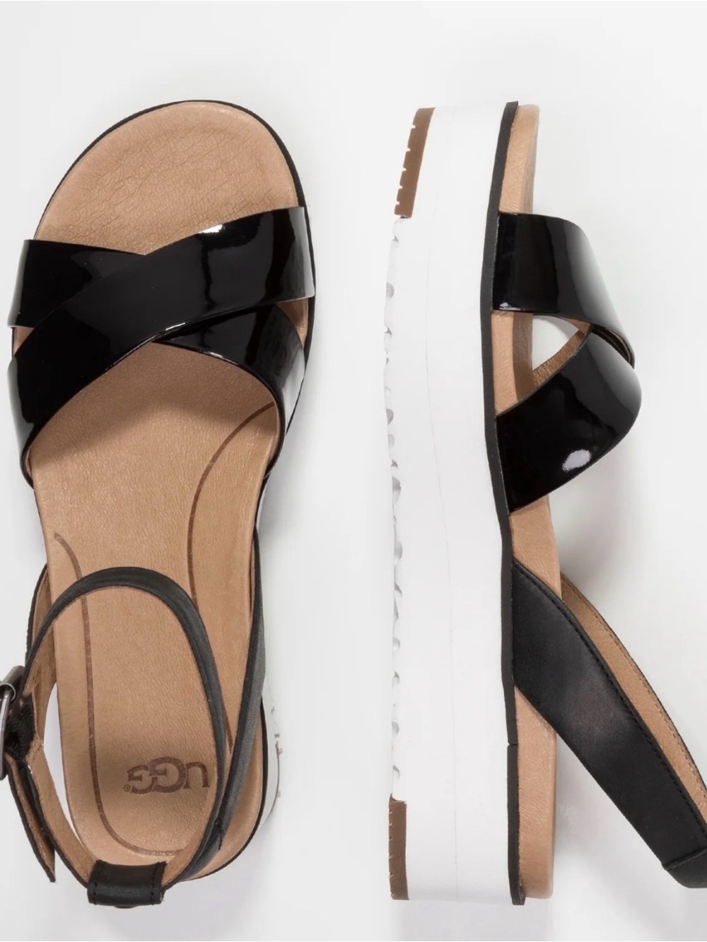UGG Women’s Black Patent Crisscross Platform Sandals with White Sole